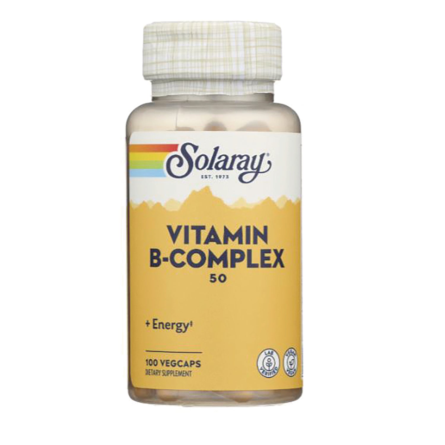 SLR238 | Solaray Vitamin B-Complex 50 + Energy, 100 VegCaps dietary supplement bottle
