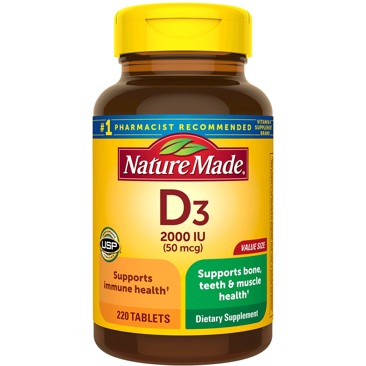 NTM053 | Nature Made D3 2000 IU bottle 220 tablets front label supports immune, bone and muscle health