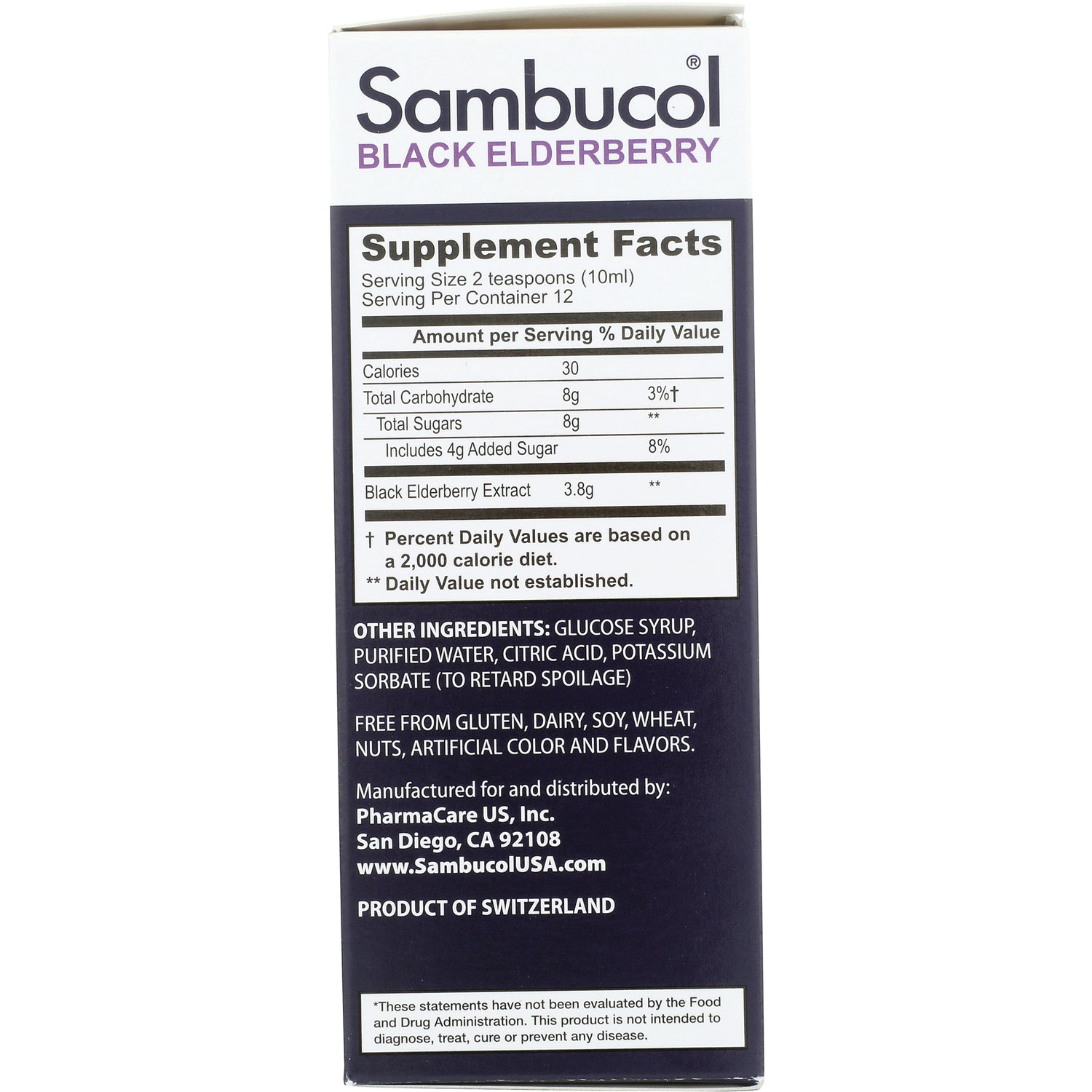 SMB001 | Back of Sambucol Black Elderberry box showing Supplement Facts and ingredients