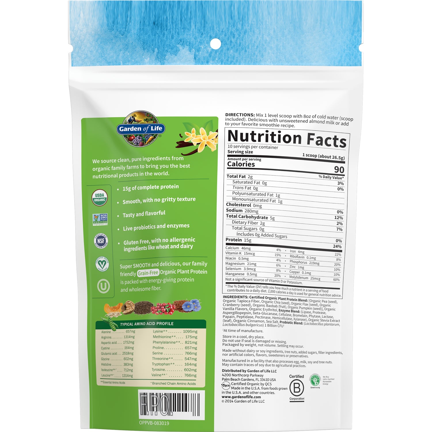 GLF188 | Back of Garden of Life protein pouch showing nutrition facts, ingredients, certifications and amino acid profile