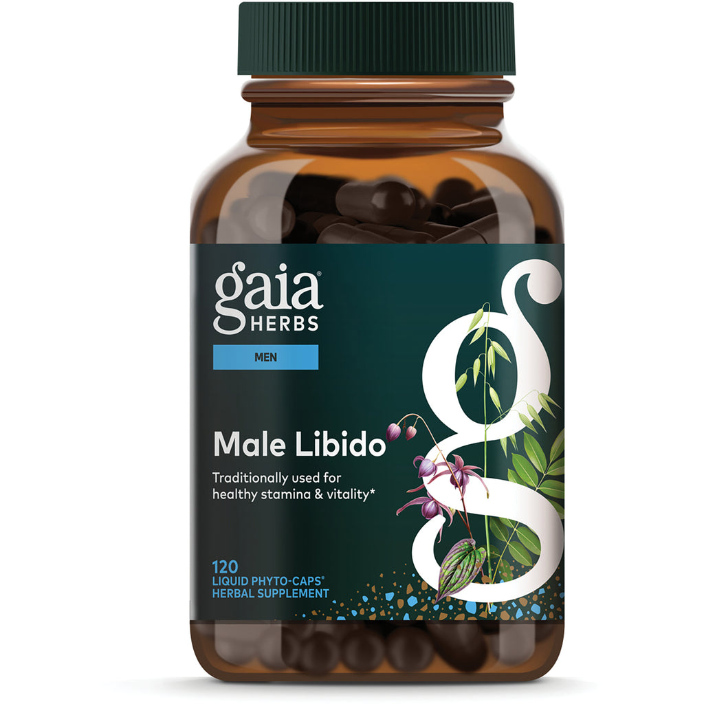 GH092 | Gaia Herbs Male Libido supplement bottle with green cap, label reading Male Libido and 120 vegan liquid phyto-caps - Thumbnail