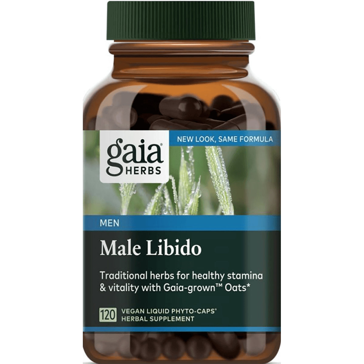 GH092 | Gaia Herbs Male Libido supplement bottle with green cap, label reading Male Libido and 120 vegan liquid phyto-caps