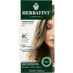 HBT026 | Herbatint permanent haircolor gel 8C Light Ash Blonde box front showing model face 100% grey cover sensitive skin 135 ml