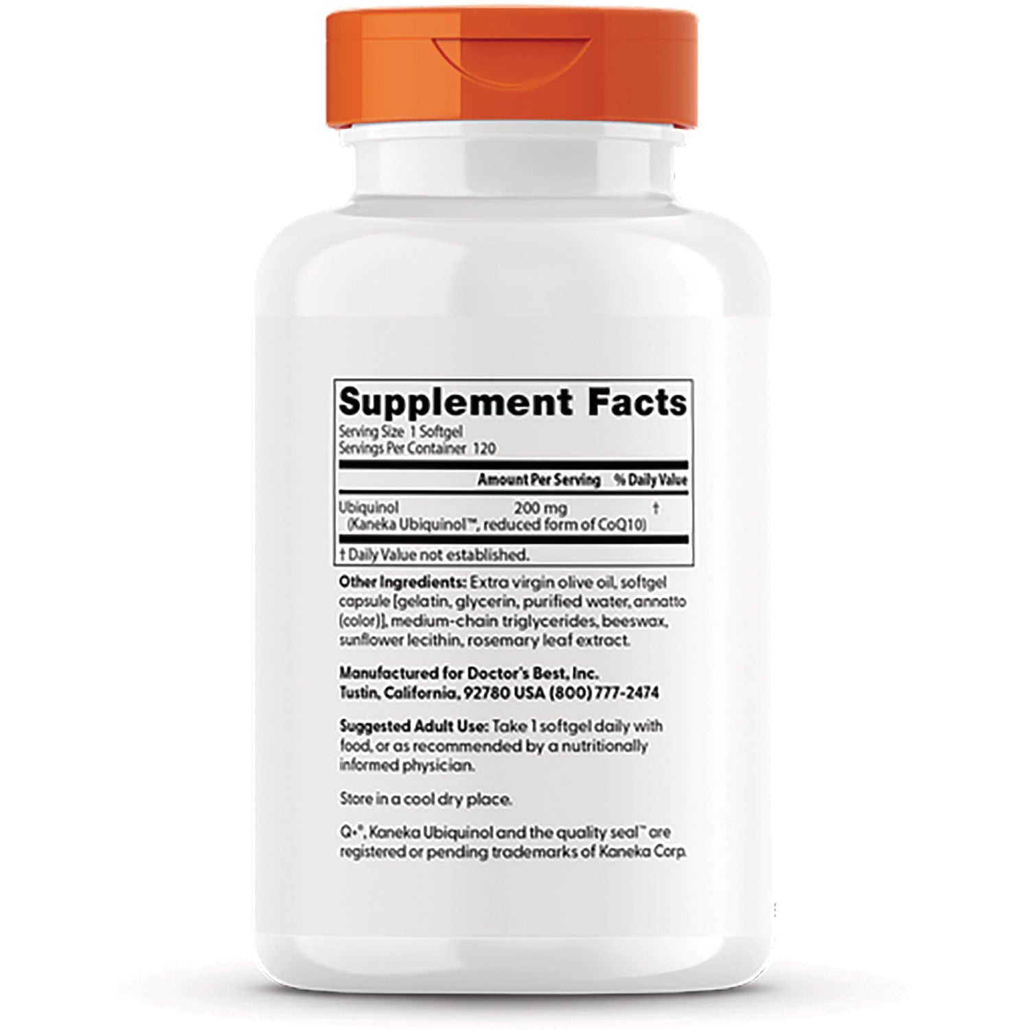 DB204 | Back of white supplement bottle with orange cap showing Supplement Facts panel and ingredients