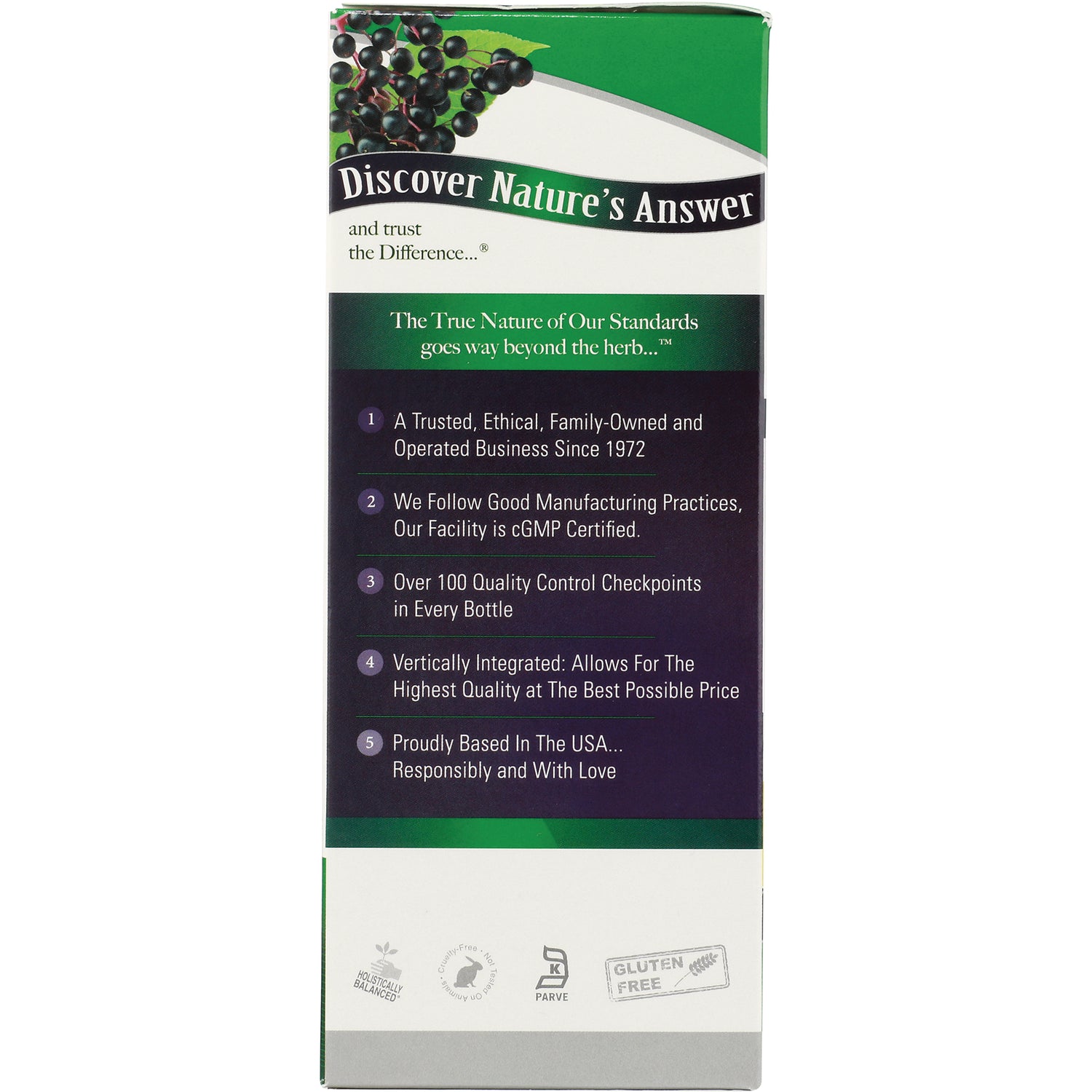 NAT087 | back panel listing company standards, five numbered points and certification icons