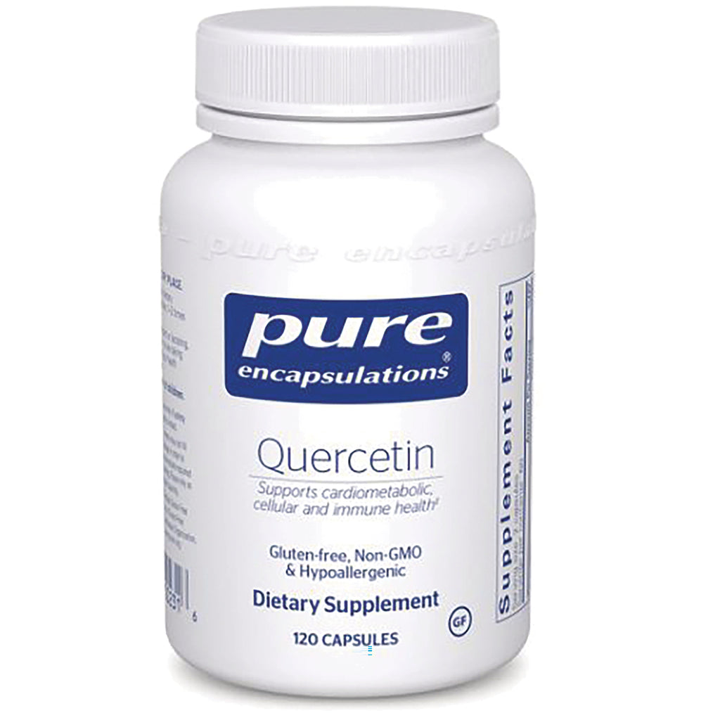 PRN112 | White bottle of Pure Encapsulations Quercetin dietary supplement, 120 capsules front label visible - Thumbnail