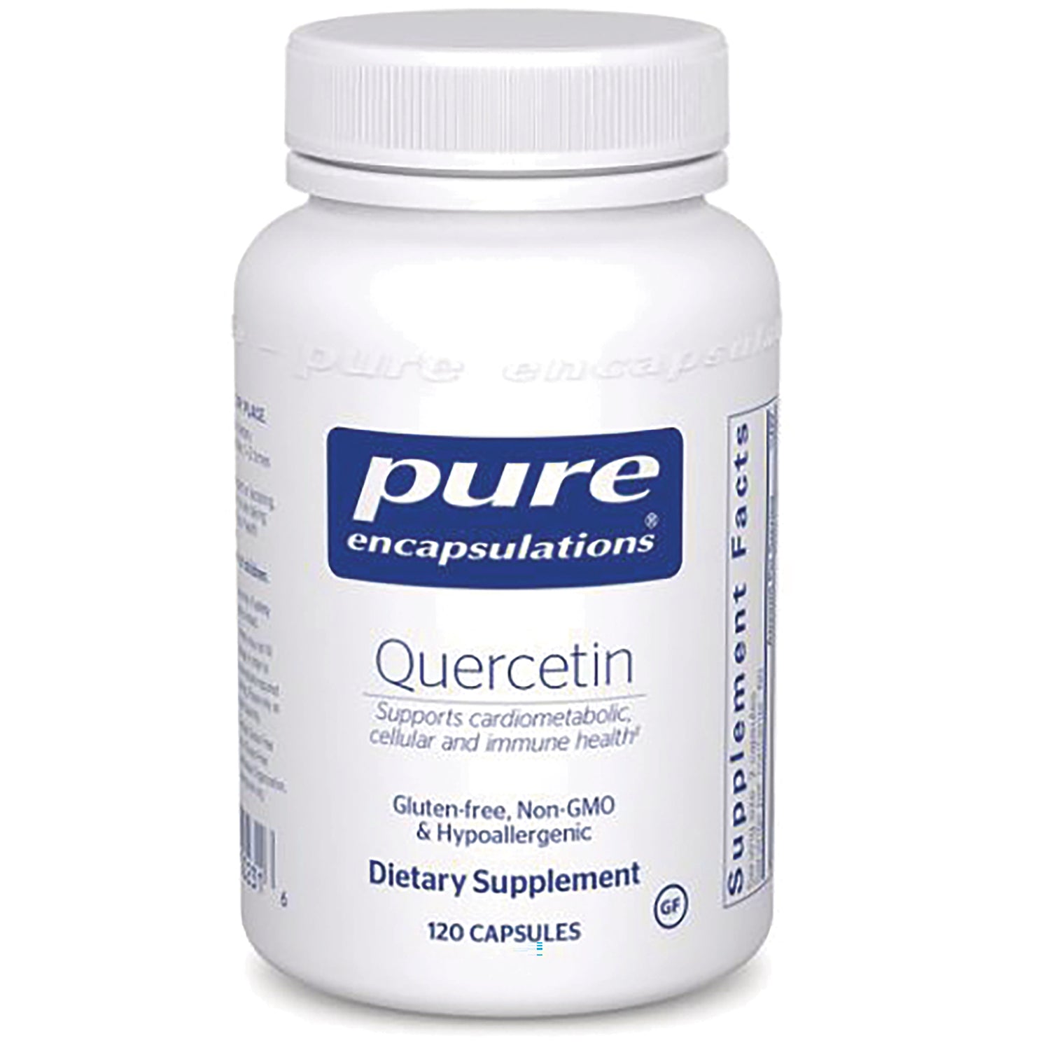 PRN112 | White bottle of Pure Encapsulations Quercetin dietary supplement, 120 capsules front label visible
