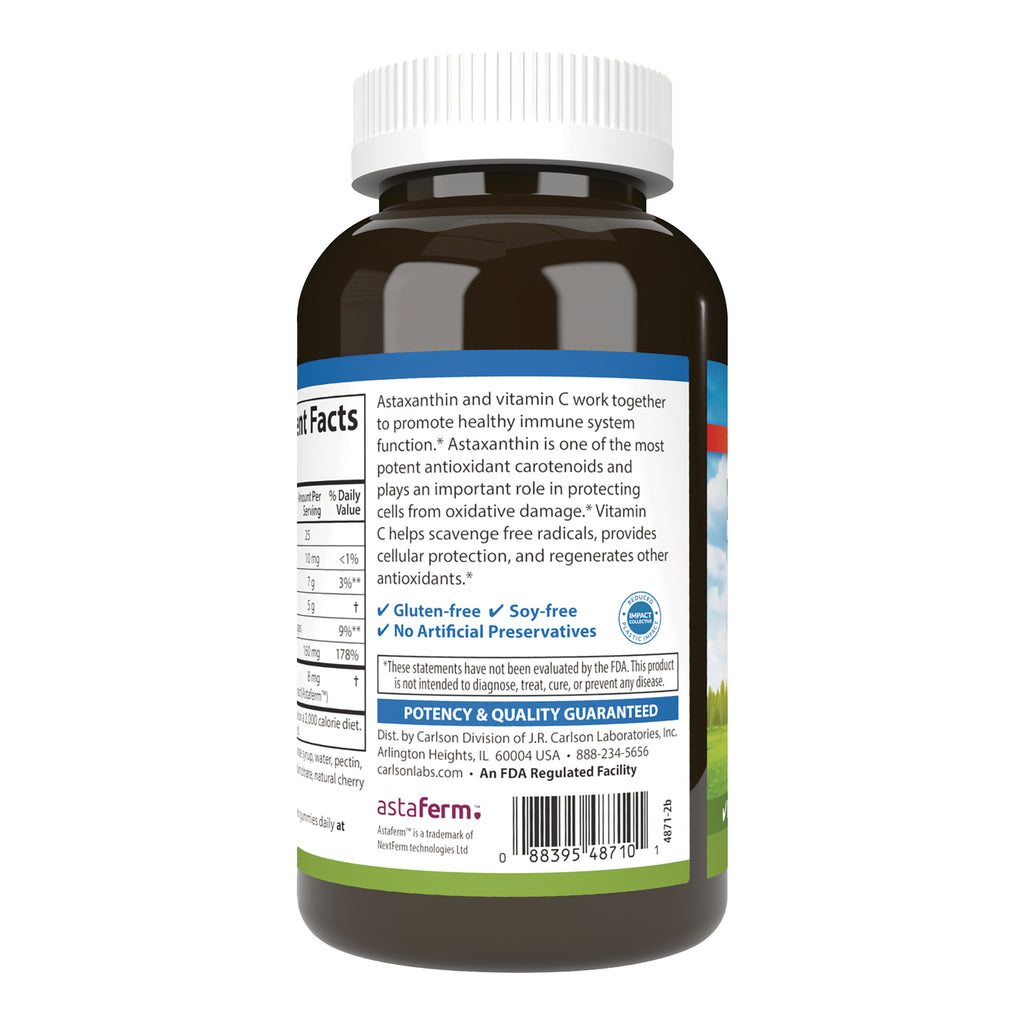 CSN294 | Back of brown supplement bottle showing nutrition facts, text about astaxanthin and vitamin C, gluten-free and soy-free labels, barcode - Thumbnail