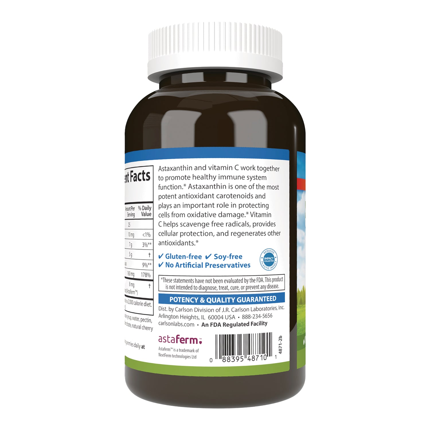 CSN294 | Back of brown supplement bottle showing nutrition facts, text about astaxanthin and vitamin C, gluten-free and soy-free labels, barcode