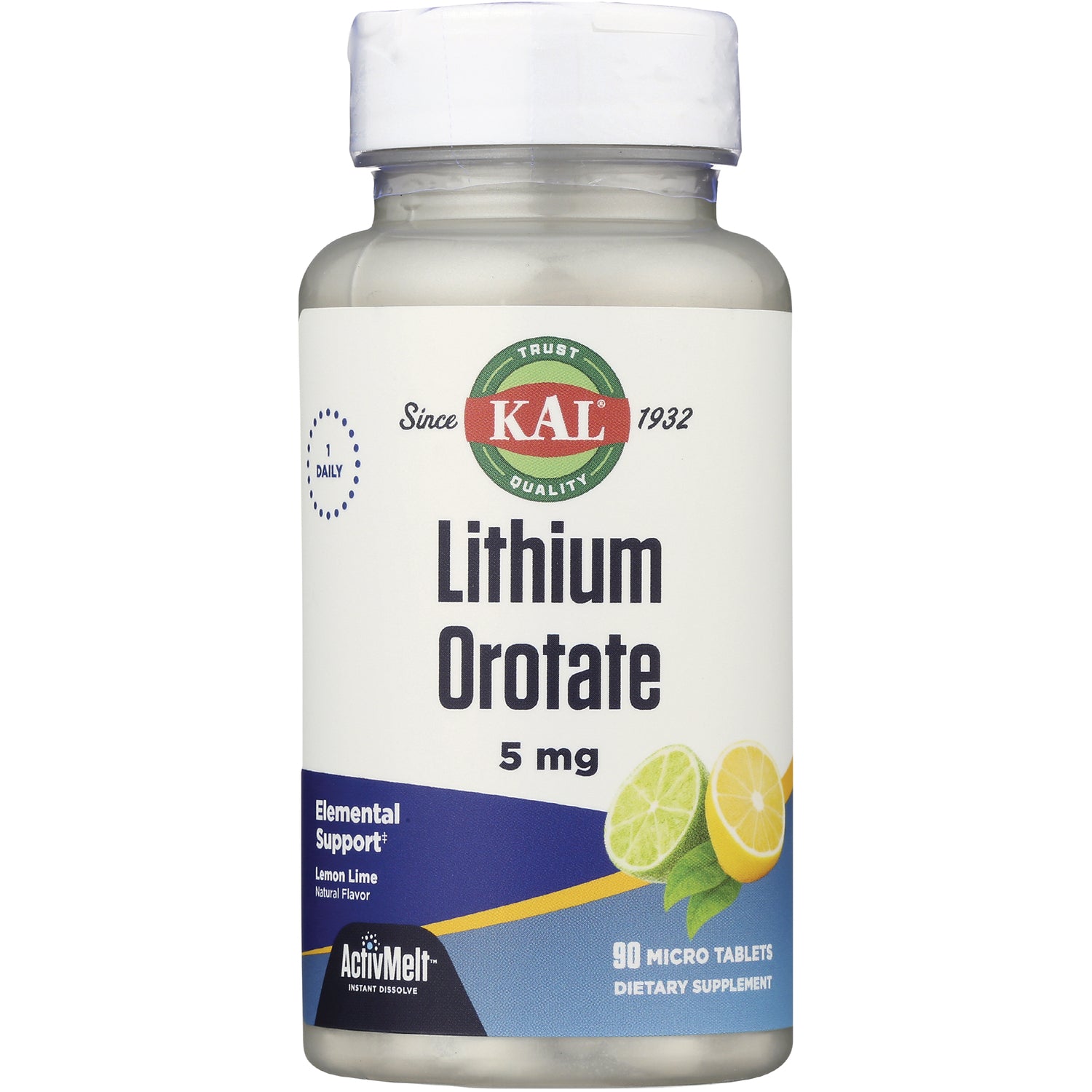 KL556 | KAL Lithium Orotate 5 mg bottle, lemon lime flavor, 90 micro tablets front label
