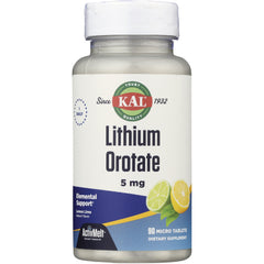 KL556 | KAL Lithium Orotate 5 mg bottle, lemon lime flavor, 90 micro tablets front label