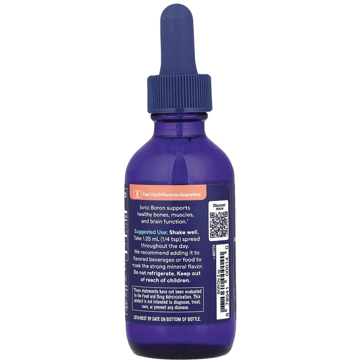 TM055 | Back of blue dropper bottle with directions; text: 'Ionic Boron supports healthy bones, muscles, and brain function'