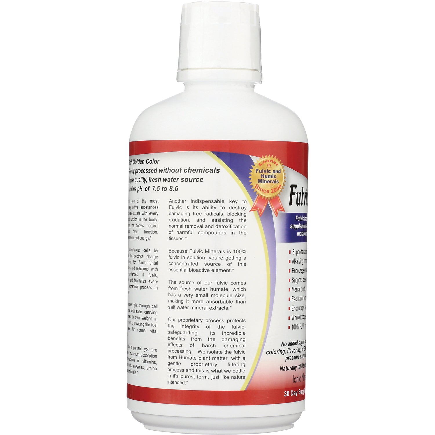 VEM002 | Back label of supplement bottle with bullets and badge 'Fulvic and Humic minerals Since 2000'