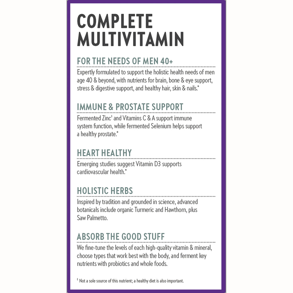 NWC223 | Product infographic listing Complete Multivitamin benefits for men 40+: immune and prostate support, heart health, holistic herbs, absorption - Thumbnail