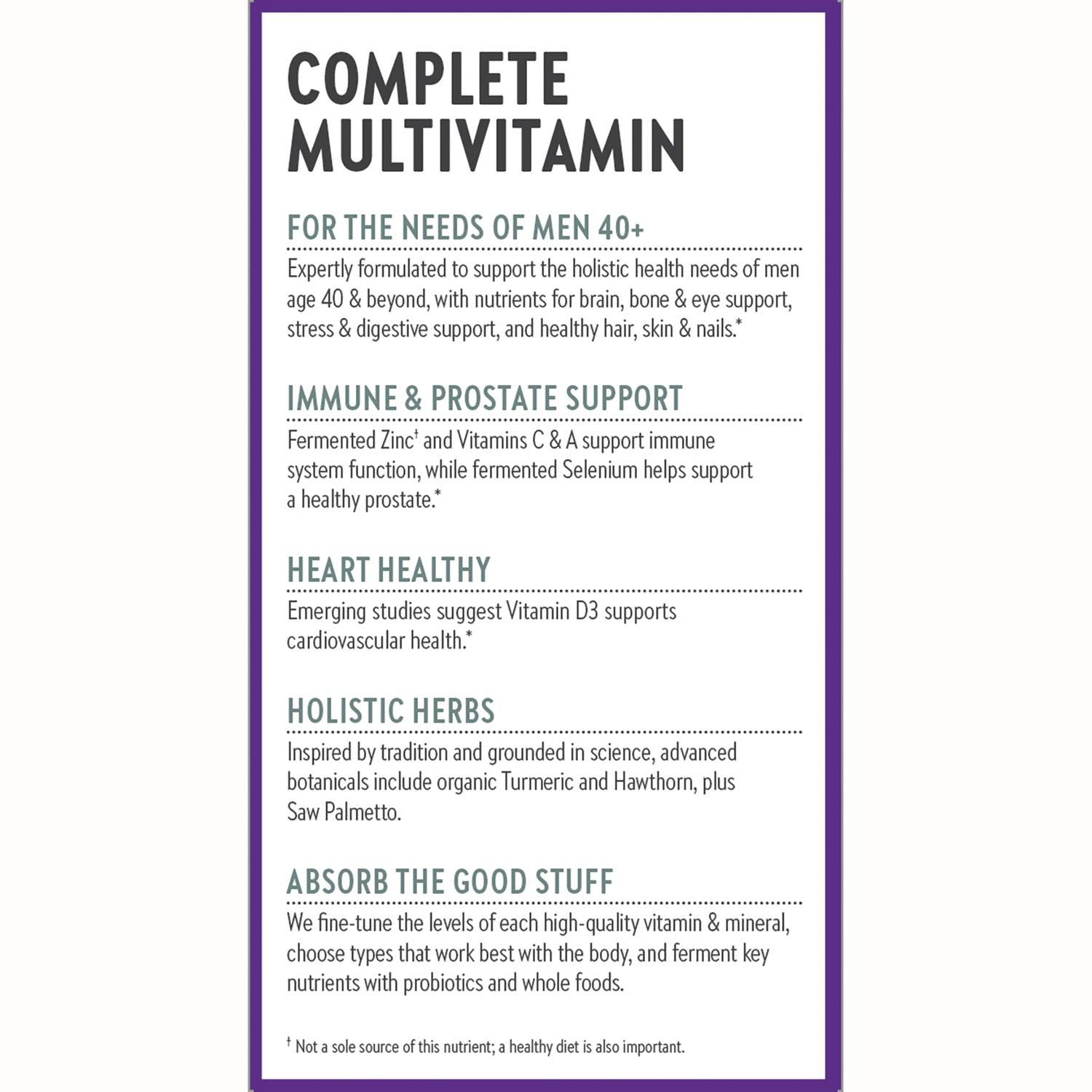 NWC223 | Product infographic listing Complete Multivitamin benefits for men 40+: immune and prostate support, heart health, holistic herbs, absorption