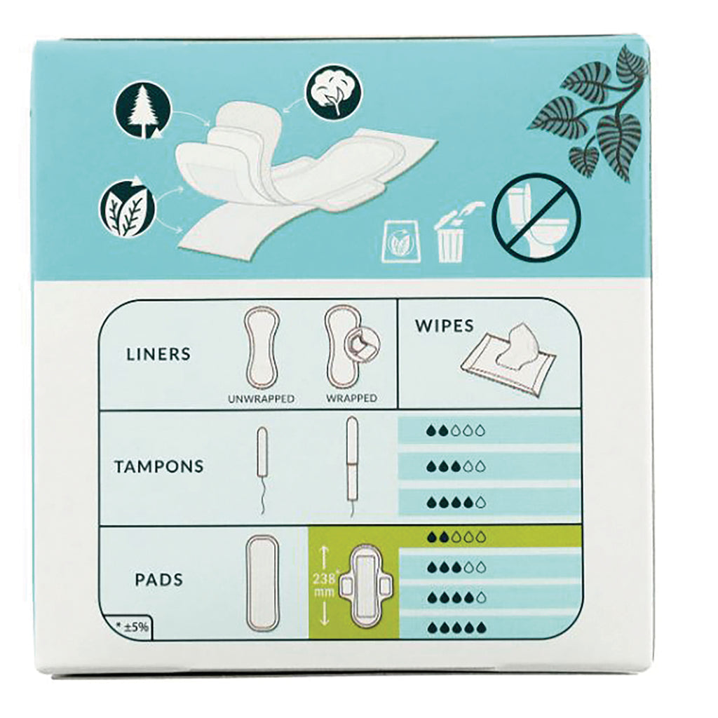NCR008 | back of feminine hygiene product box showing liners, tampons, pads, wipes icons and absorbency charts - Thumbnail