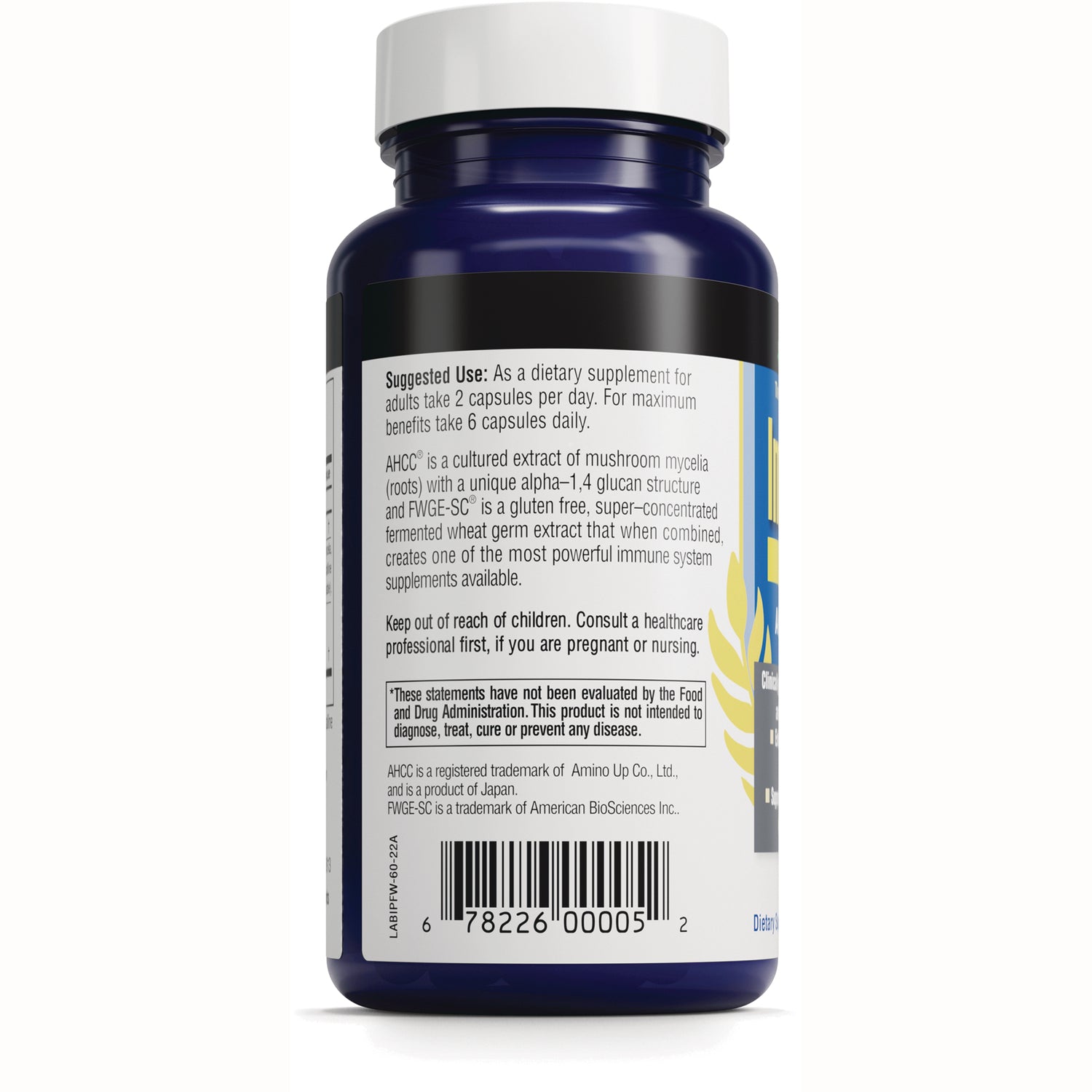 AMB017 | Back label of blue supplement bottle showing suggested use, warnings and barcode