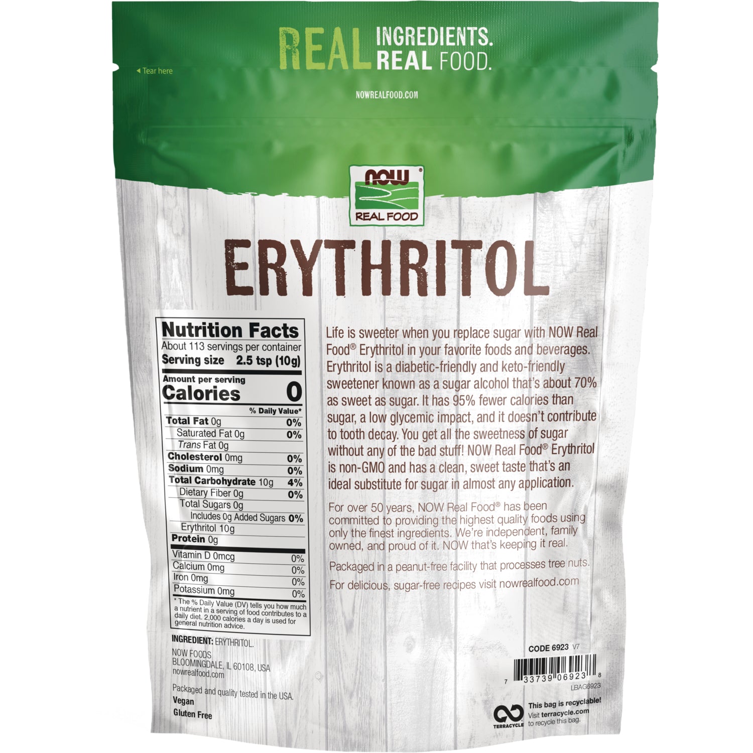 NWF1209 | Back of erythritol pouch showing Nutrition Facts panel and product description on white wood background