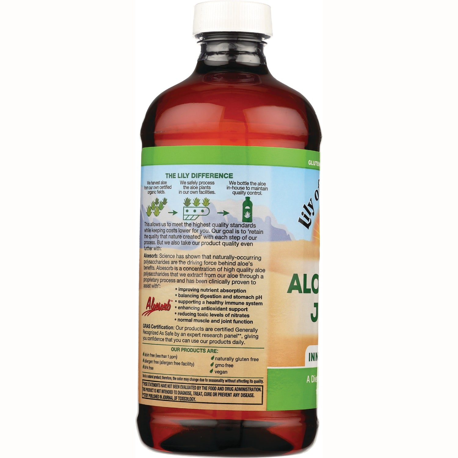 LIL036 | Back label of amber bottle showing The Lily Difference heading, product facts and benefits