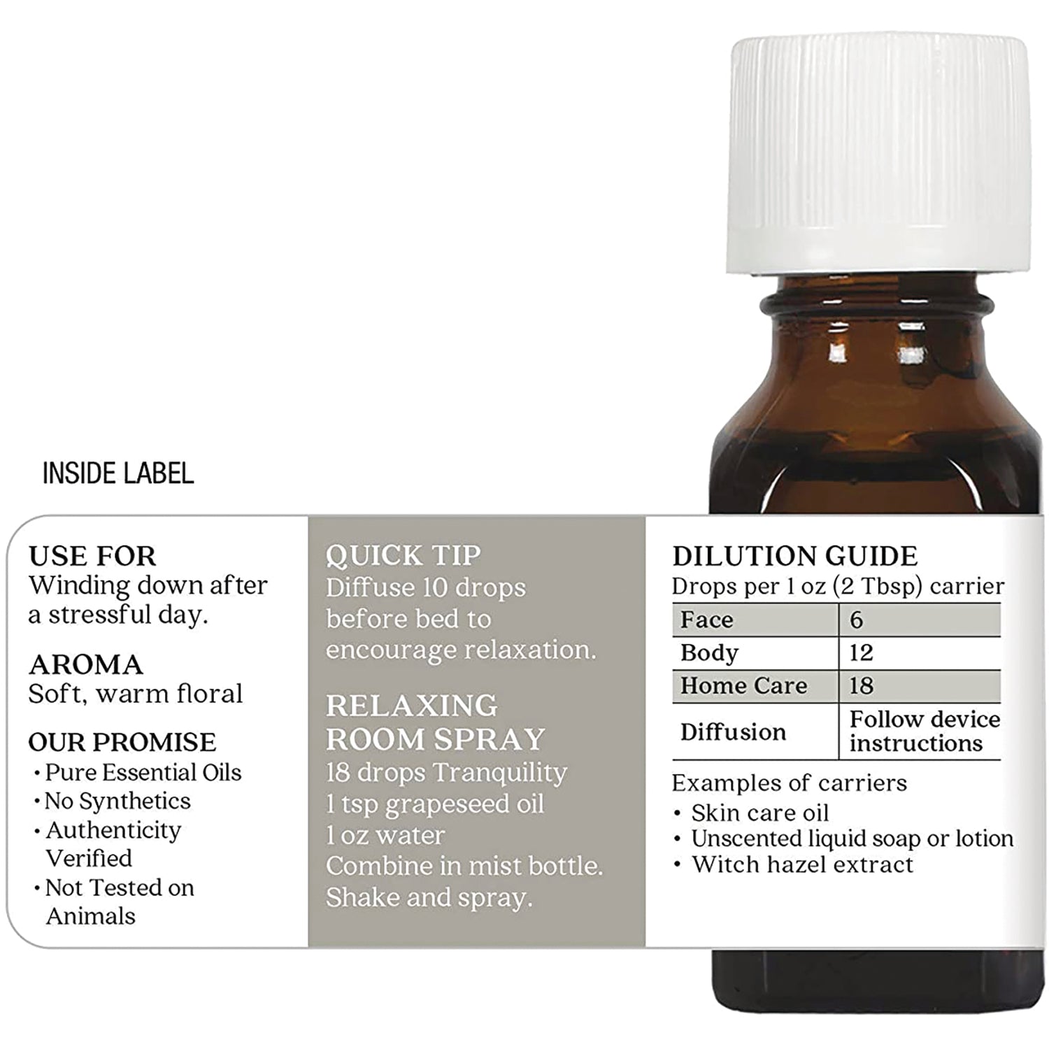 ARC226 | amber essential oil bottle with product infographic label showing relaxing room spray recipe, quick tip and dilution guide
