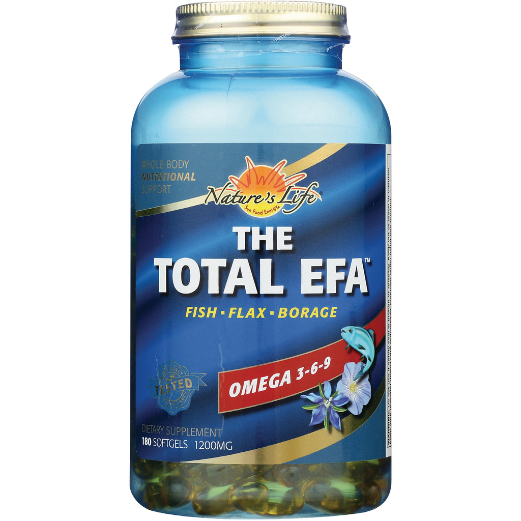 HS029 | Blue Nature's Life The Total EFA bottle labeled Omega 3-6-9 fish  flax  borage, 180 softgels 1200 mg - Thumbnail