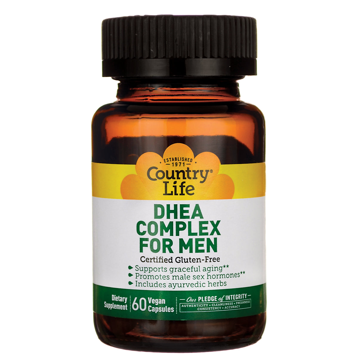 CRL563 | Amber bottle labeled Country Life DHEA Complex for Men, certified gluten-free, 60 vegan capsules