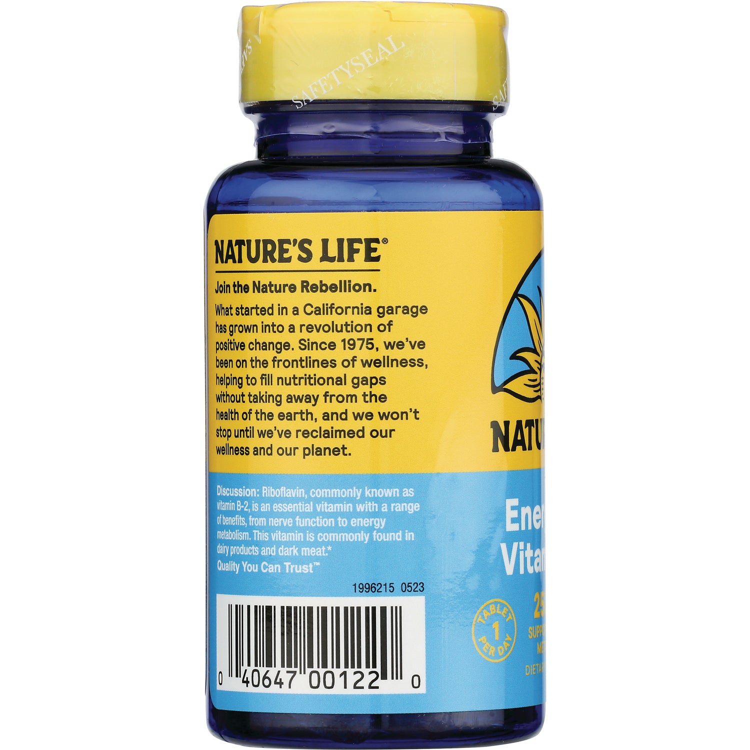 NSL025 | back of blue supplement bottle with yellow Nature's Life label, product description and barcode