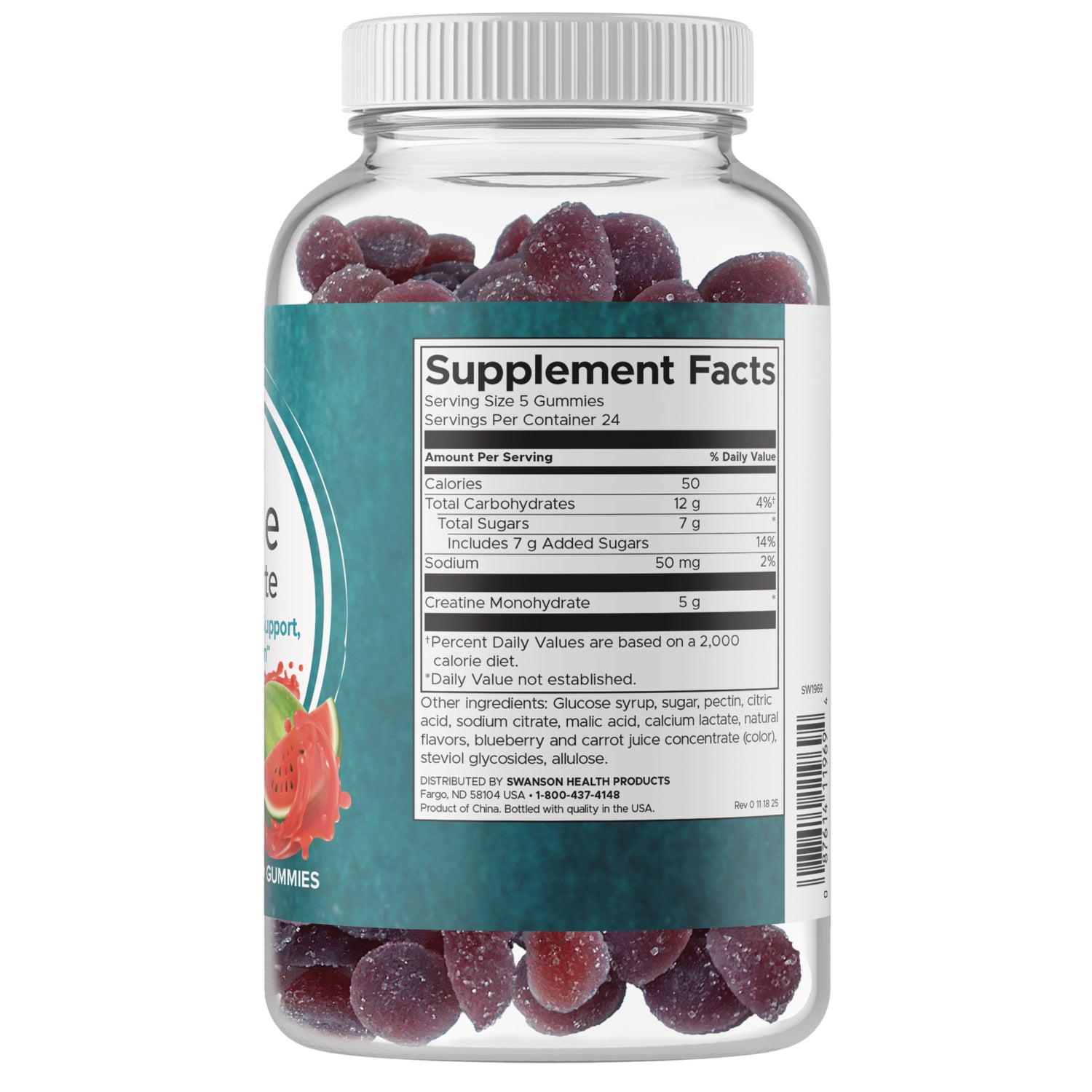 SW1969 | Back of gummy supplement bottle showing Supplement Facts; 5 gummies per serving, 5 g creatine monohydrate