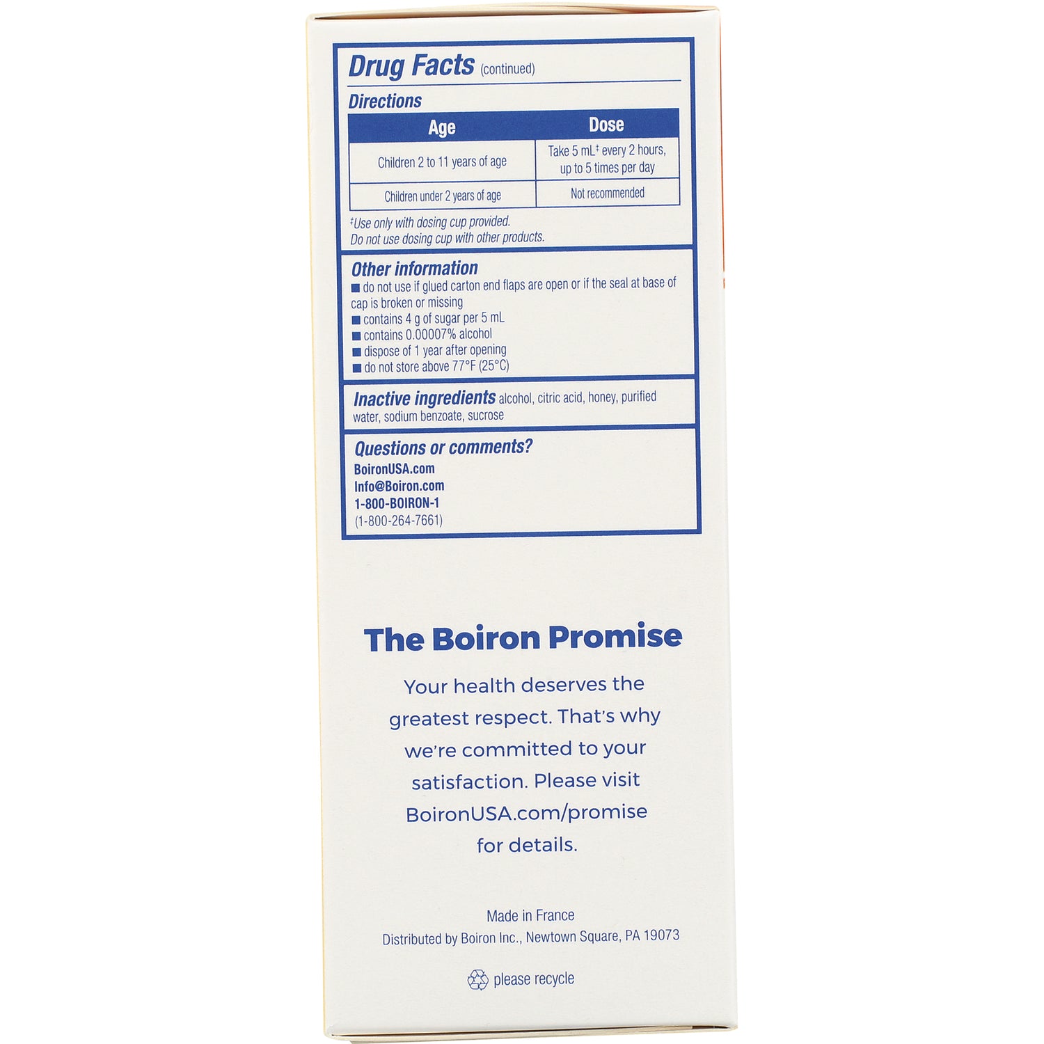 BRN086 | Back of white product box showing Drug Facts panel and The Boiron Promise text