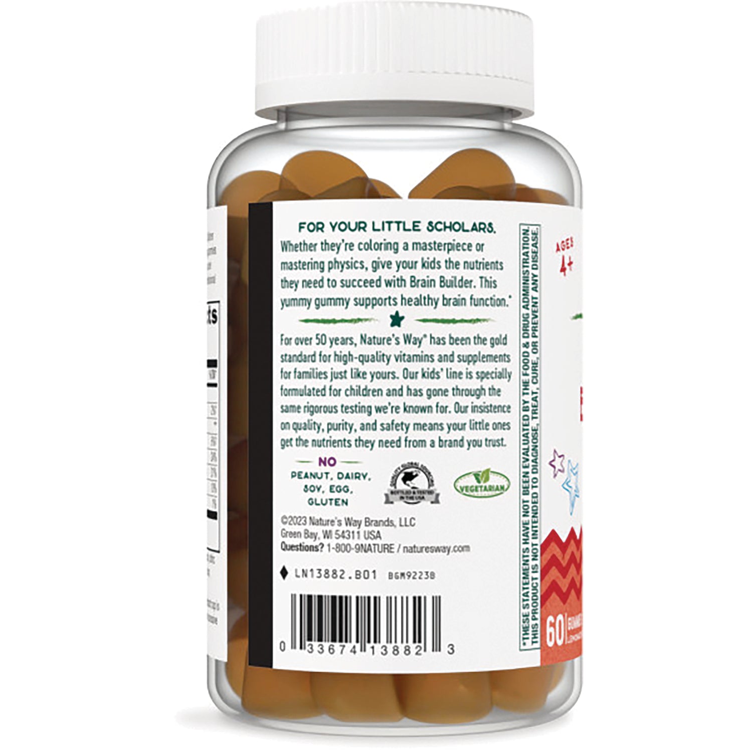 NW1036 | back label of clear bottle showing product description, vegetarian icon, and barcode for gummy supplements