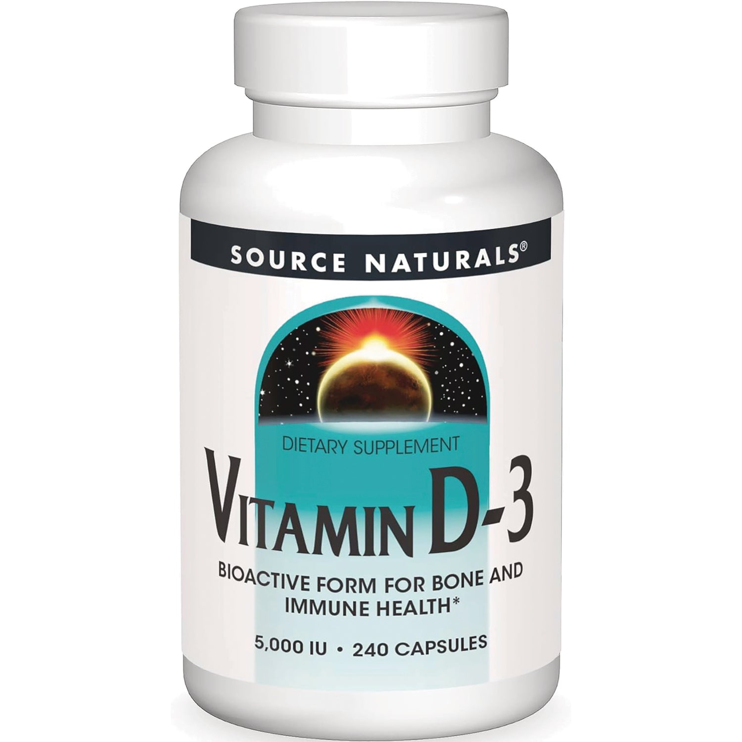 SN831 | Source Naturals Vitamin D-3 dietary supplement bottle, 5000 IU, 240 capsules