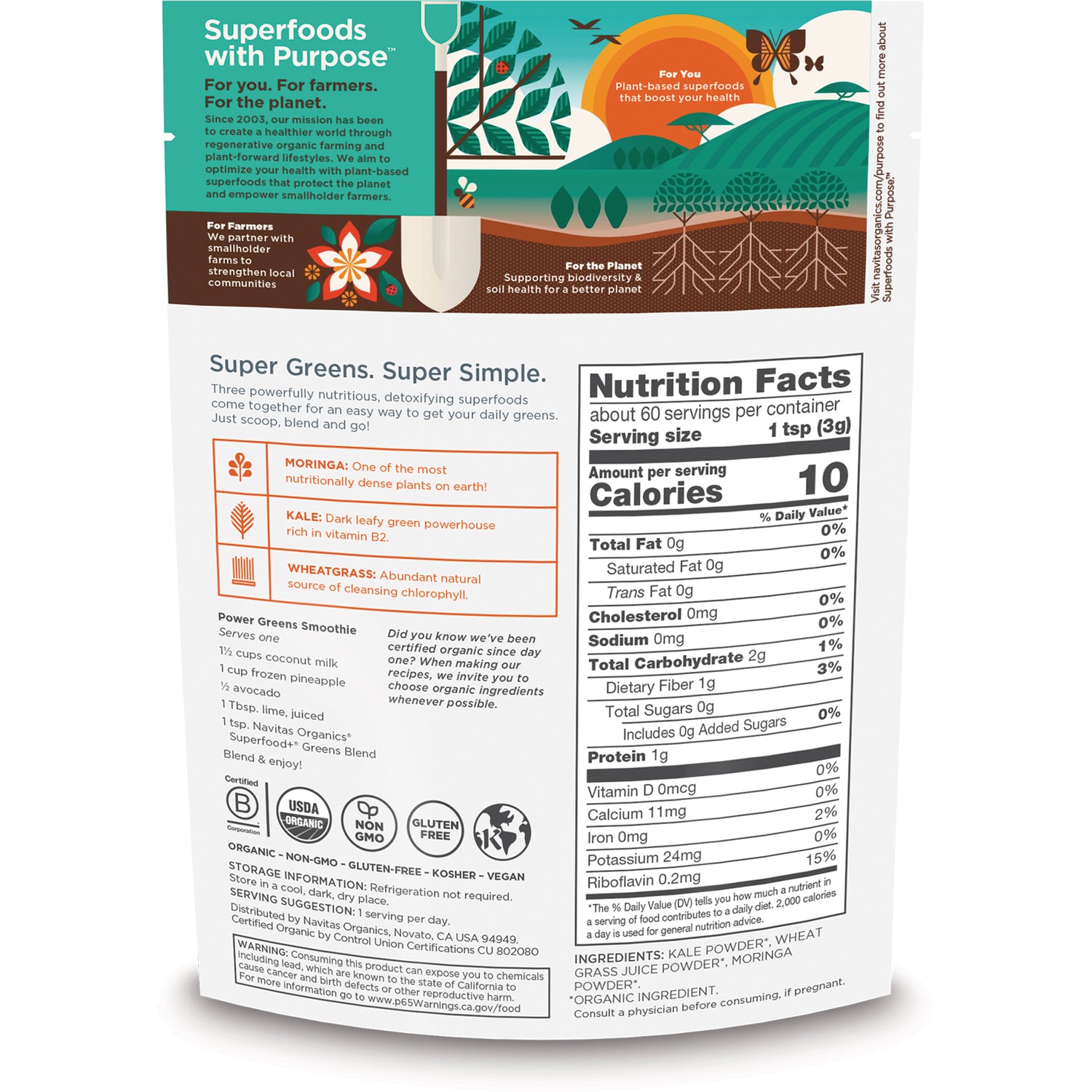 Back packaging showing Super Greens product nutrition facts, ingredients, serving size, and feature callouts