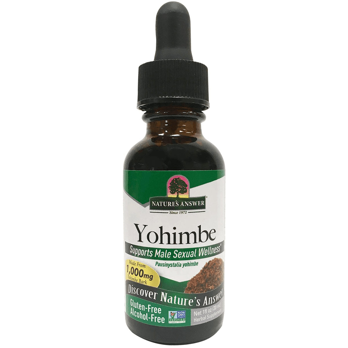 NAT099 | Brown glass dropper bottle labeled Yohimbe supplement supports Male Sexual Wellness, gluten-free alcohol-free