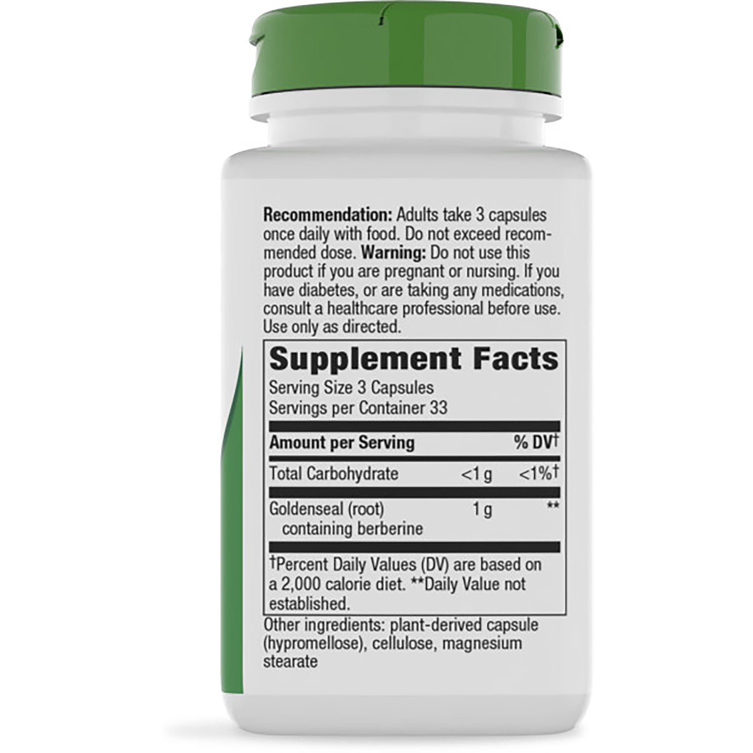 NW147 | Brown supplement bottle back with green cap displaying Supplement Facts label and dosing and warning text