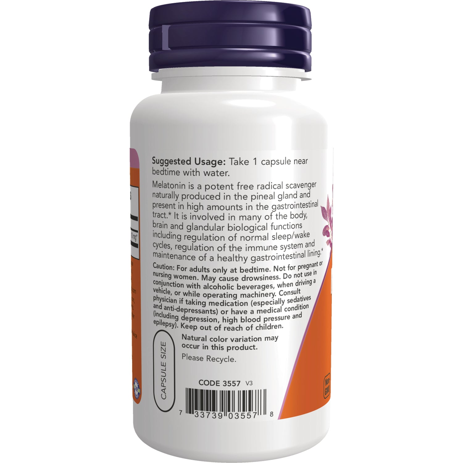 NWF1340 | Back label showing suggested usage, cautions, and barcode on white supplement bottle