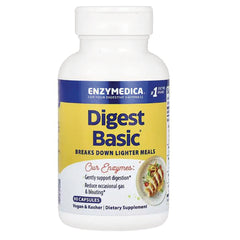 EMD039 | Digest Basic dietary supplement bottle with yellow label stating Digest Basic, 90 capsules