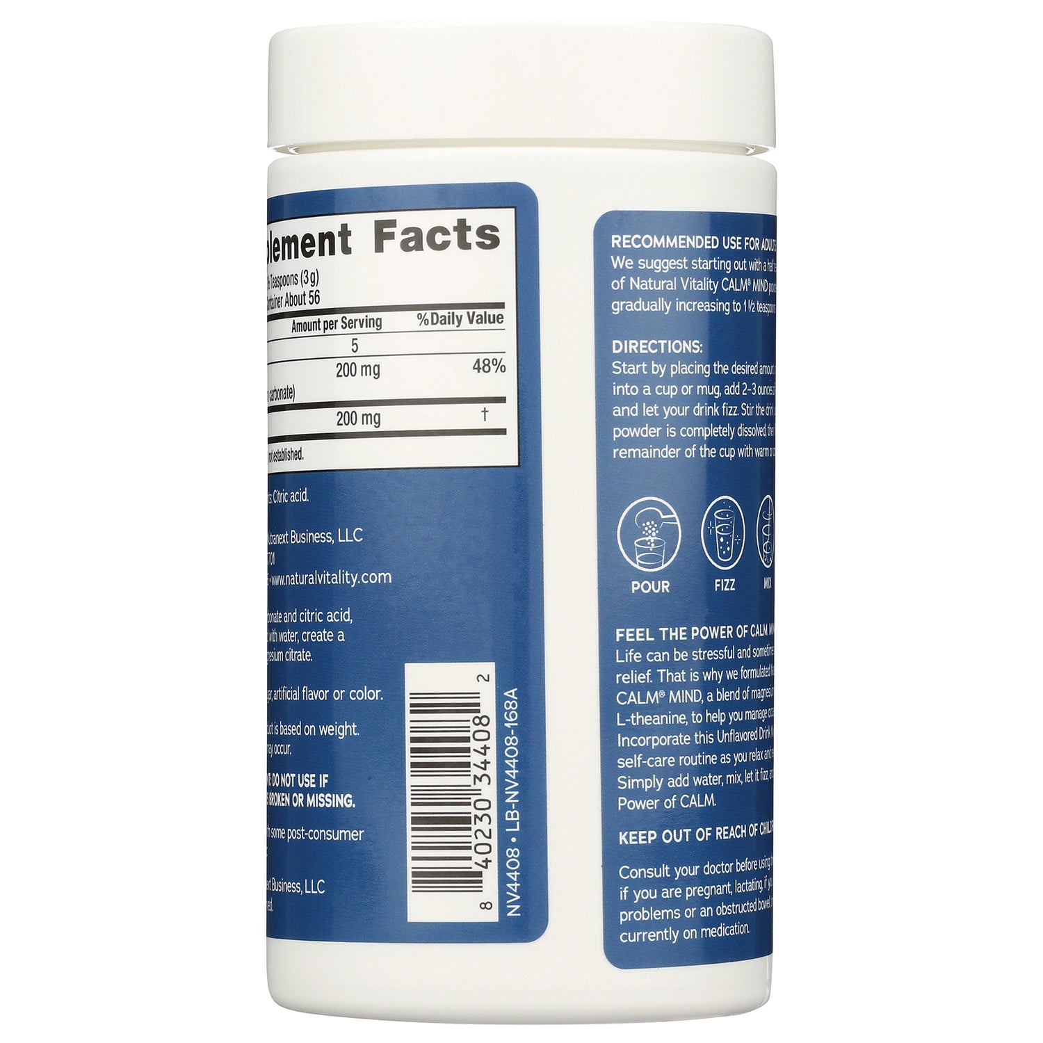 NVT067 | back of white supplement bottle showing Supplement Facts panel, directions text, and barcode