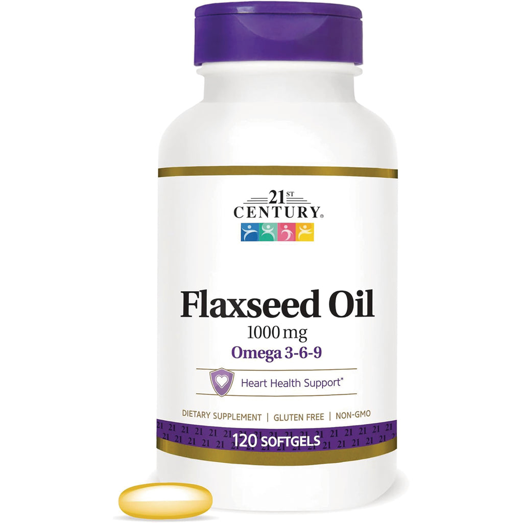 CNT054 | 21st Century Flaxseed Oil 1000 mg Omega 3-6-9 supplement bottle with purple cap, label shows 120 softgels and one softgel - Thumbnail