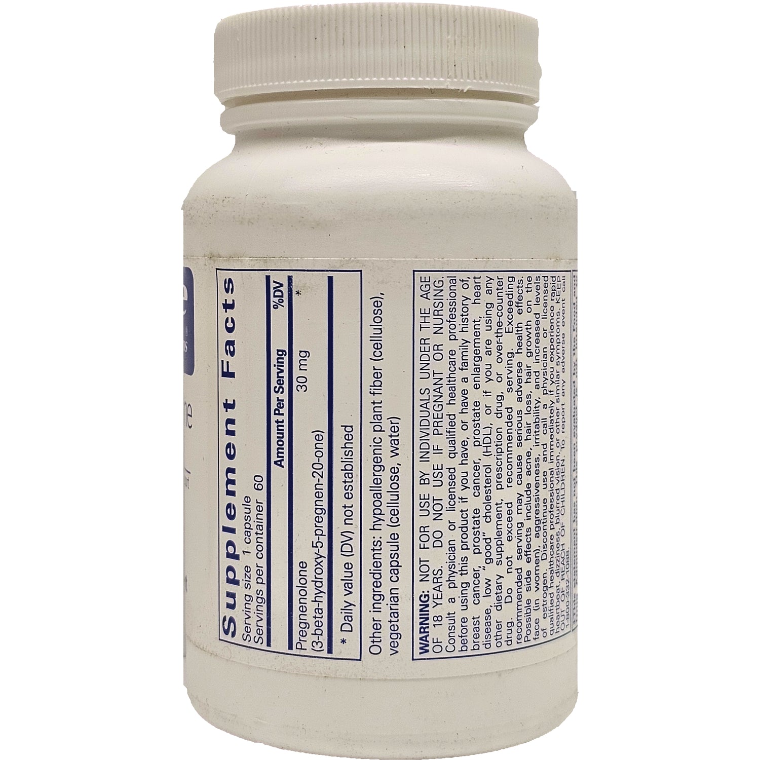 PRN041 | back of white supplement bottle showing supplement facts panel and warning text