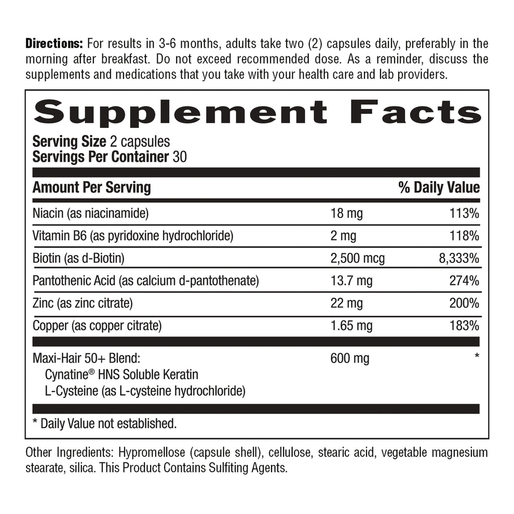 CRL642 | Supplement Facts label showing serving size 2 capsules, vitamins, minerals, and Maxi-Hair 50+ Blend - Thumbnail
