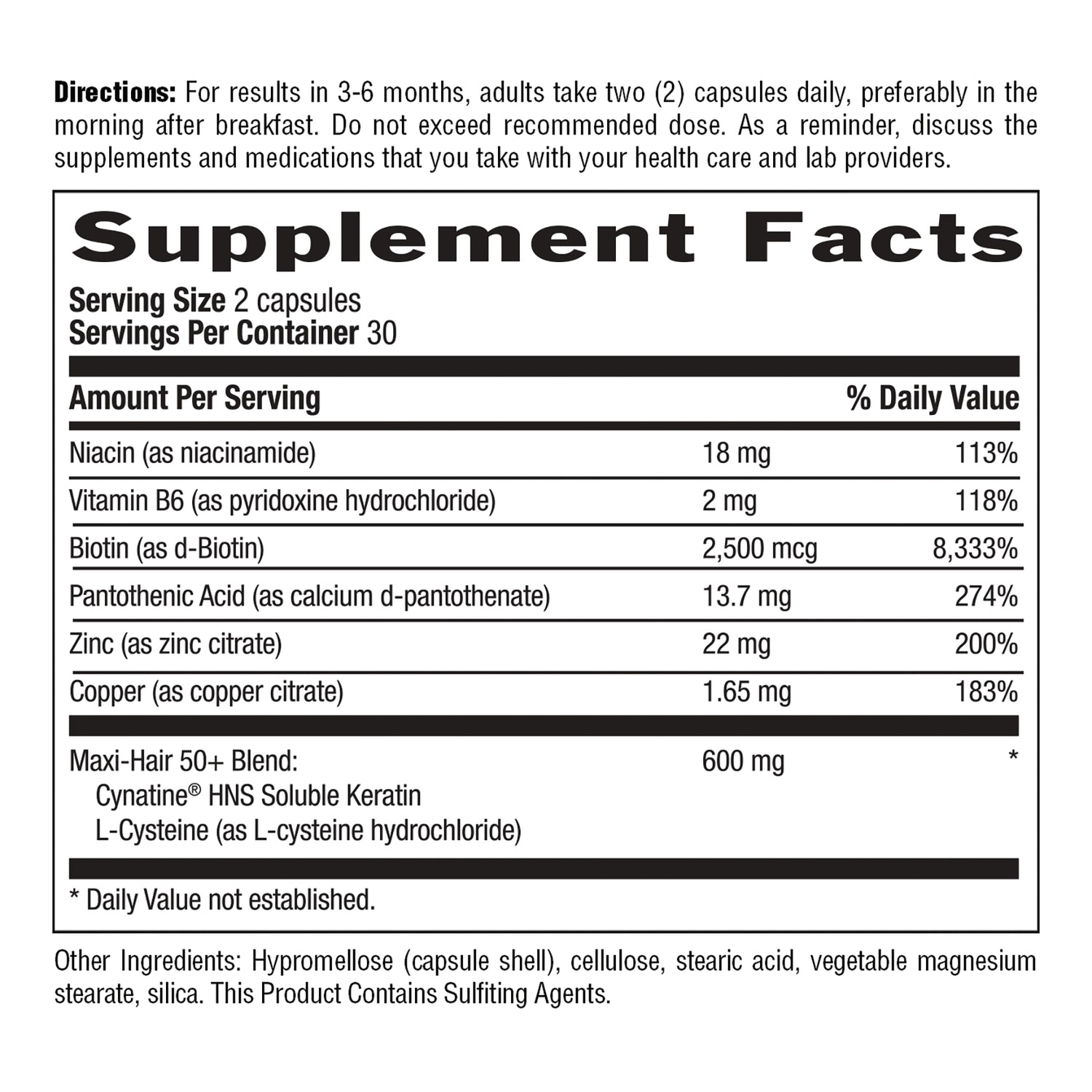 CRL642 | Supplement Facts label showing serving size 2 capsules, vitamins, minerals, and Maxi-Hair 50+ Blend