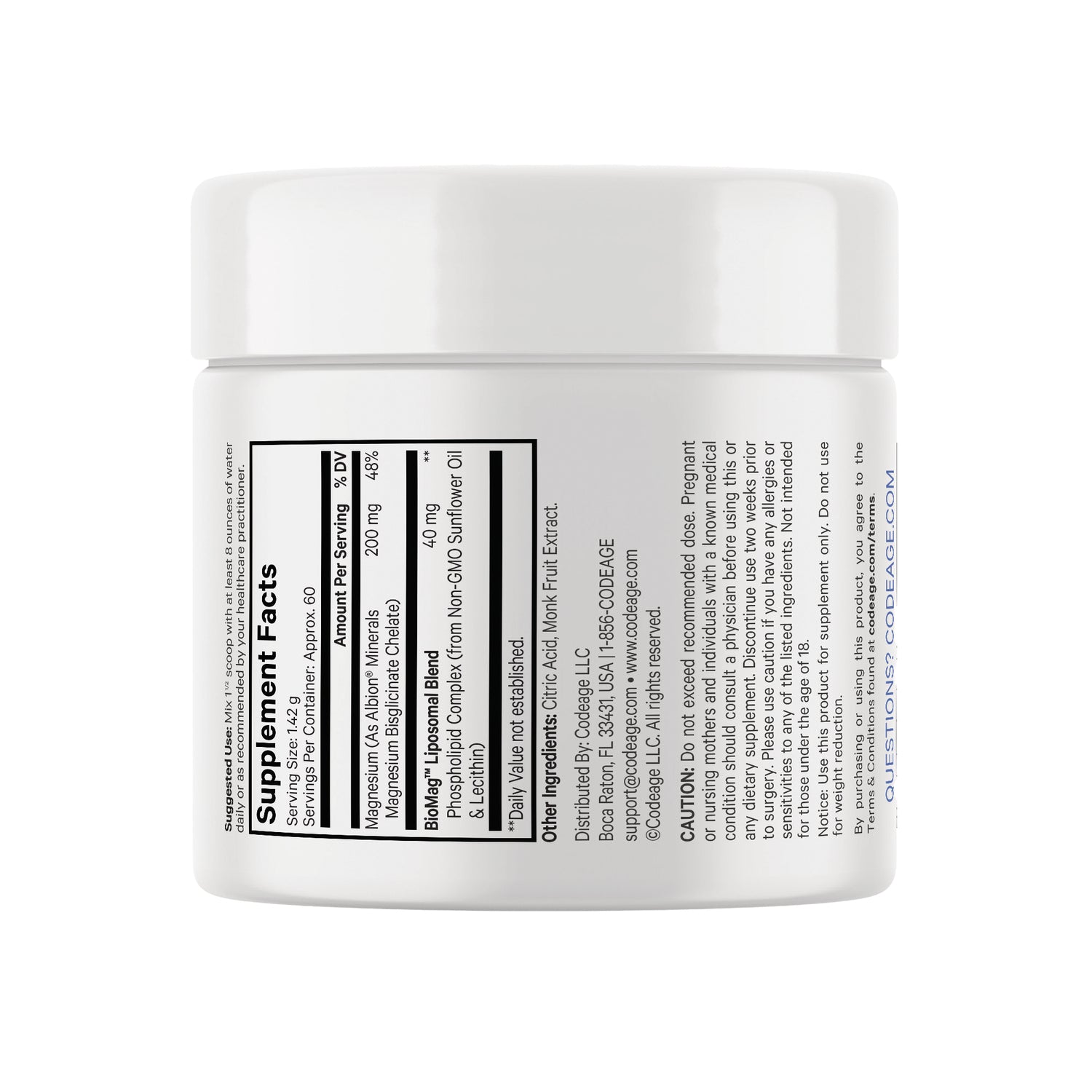 CDG033 | Back of white supplement jar showing supplement facts panel and ingredient and caution text