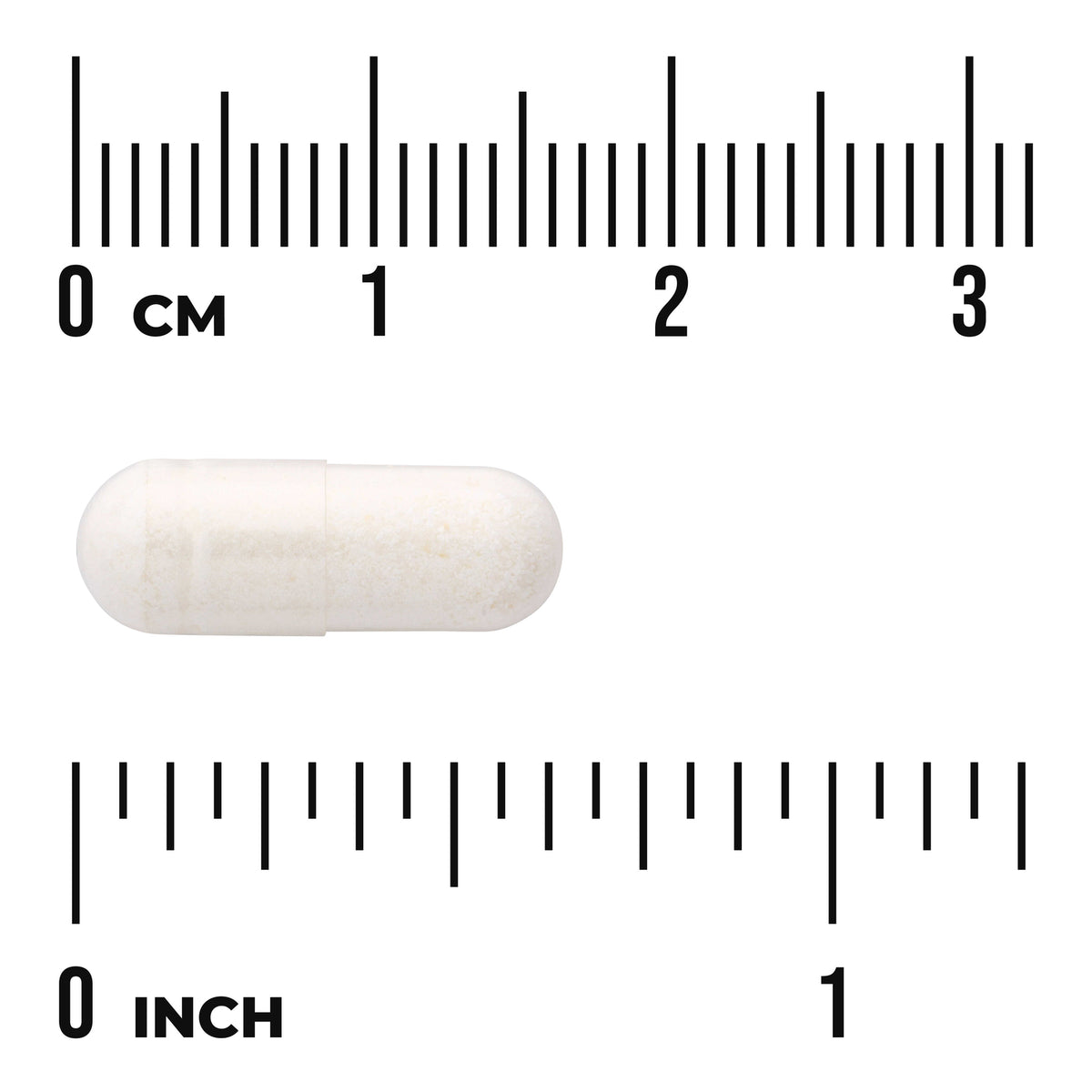 SW1809 | White capsule centered between centimeter and inch rulers for size reference, includes visible text "CM" and "INCH"