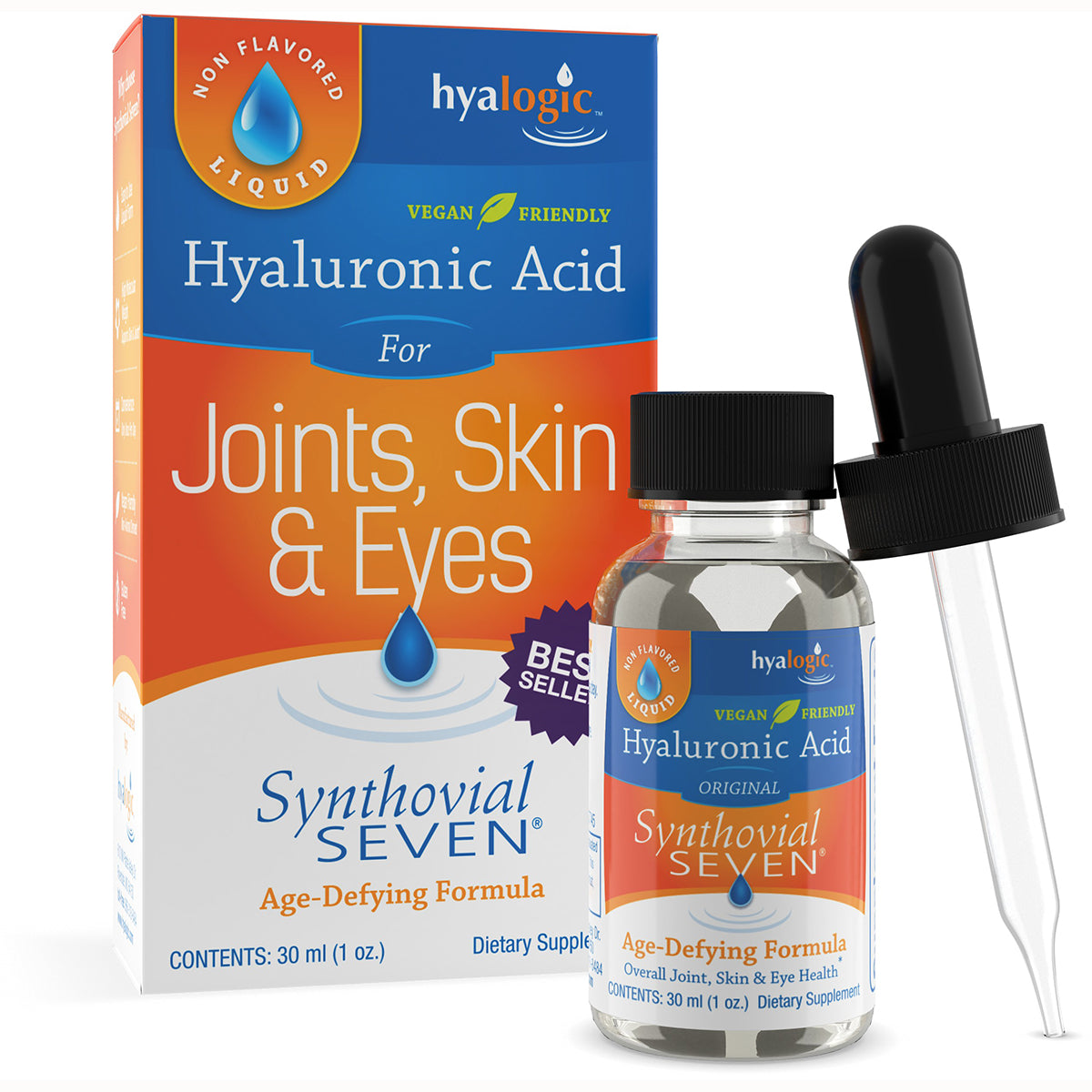 HYL001 | Hyaluronic Acid Synthovial SEVEN dropper bottle and box, Age-Defying Formula for joints, skin & eyes