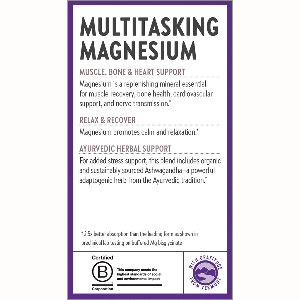 NWC351 | Product infographic titled MULTITASKING MAGNESIUM listing muscle, bone & heart support, relax & recover, Ayurvedic herbal support - Thumbnail