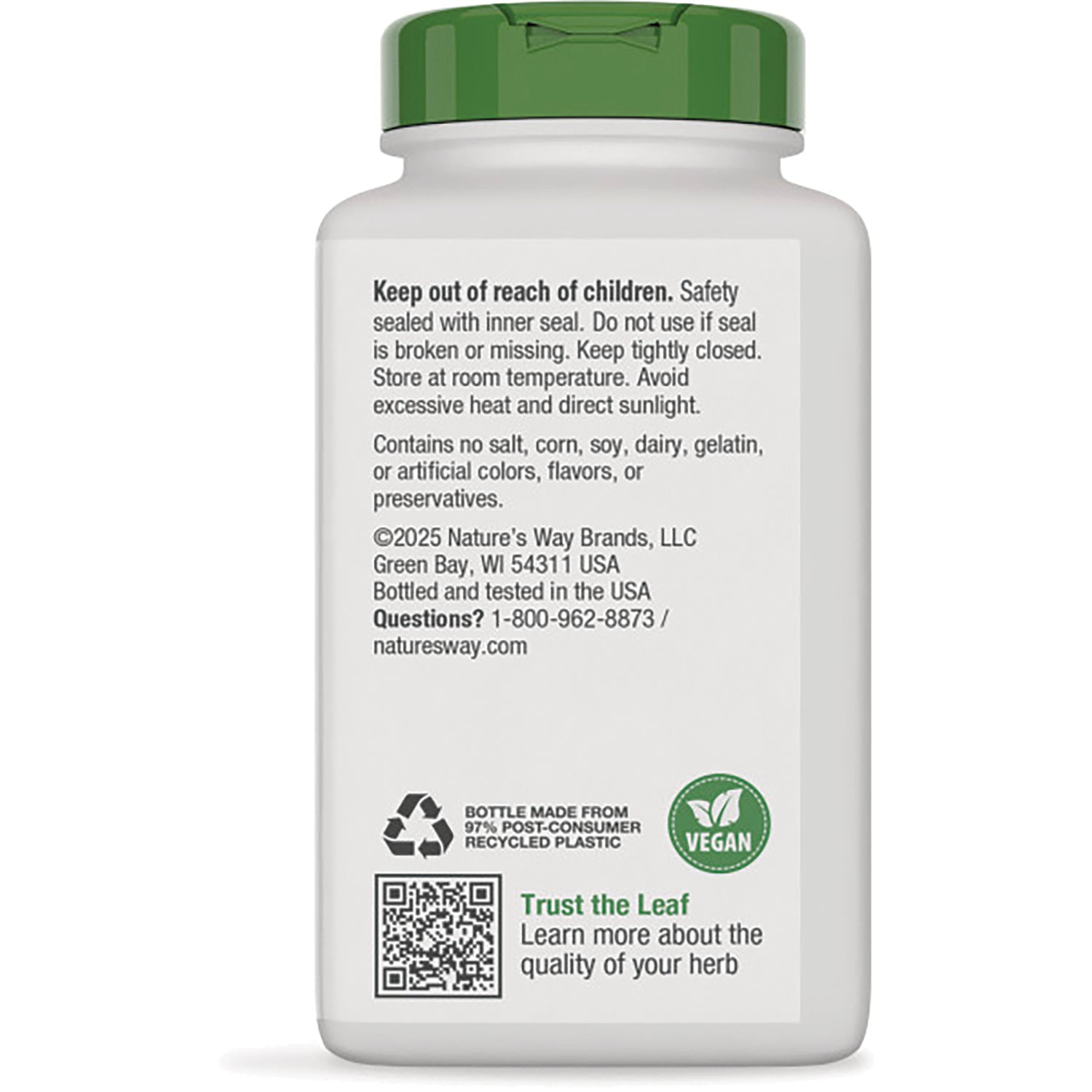 NW1050 | back label of white supplement bottle showing safety warning, ingredient statements, QR code, recycling and vegan icons