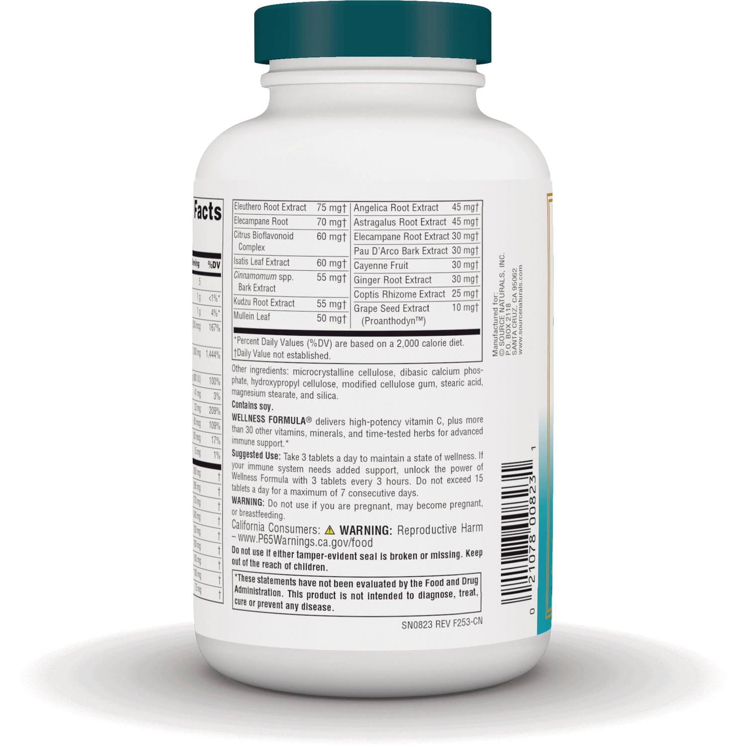 SN143 | Supplement bottle back label with Supplement Facts, ingredients, directions, warnings, and barcode