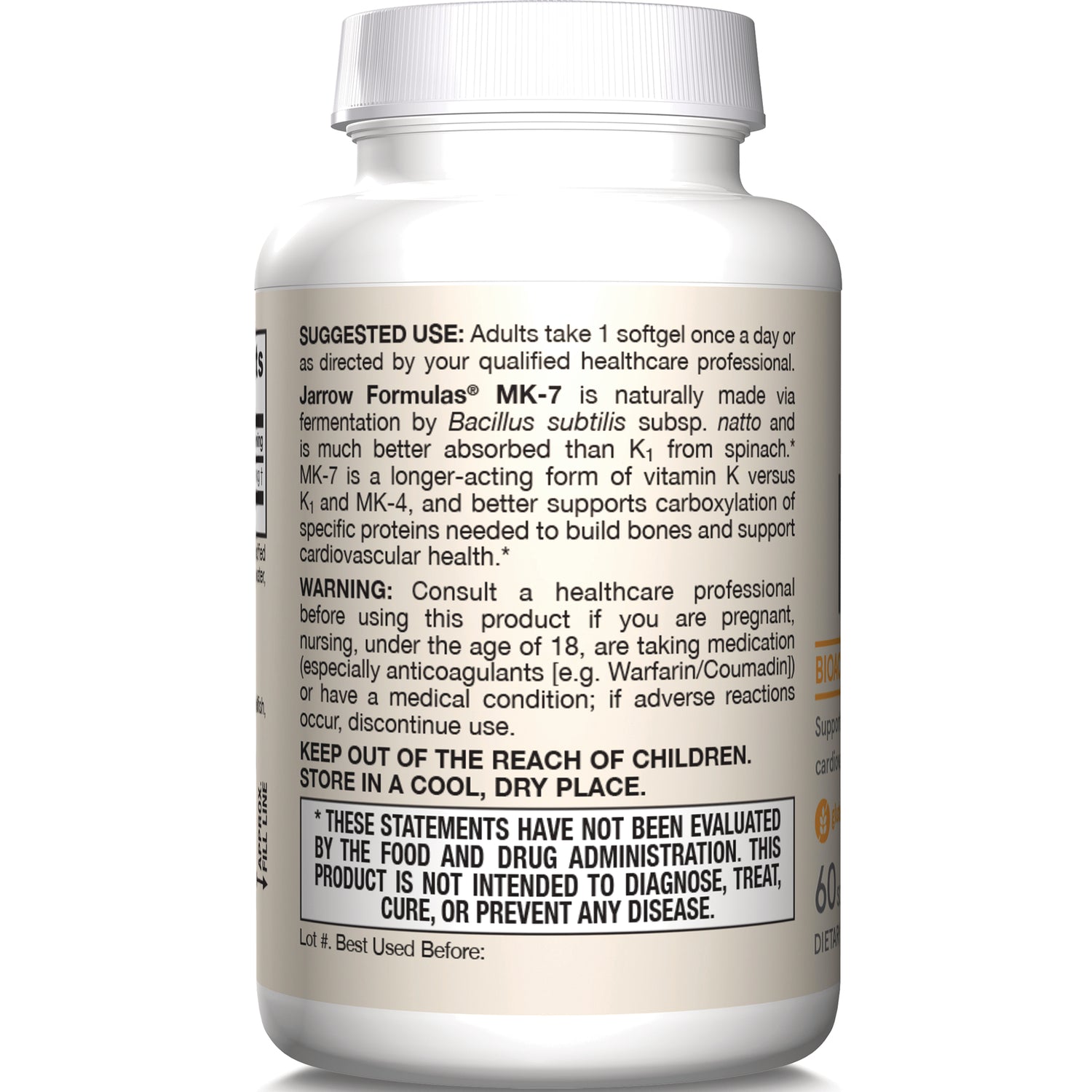 Back label of supplement bottle showing suggested use, warning, keep out of reach of children, and FDA disclaimer