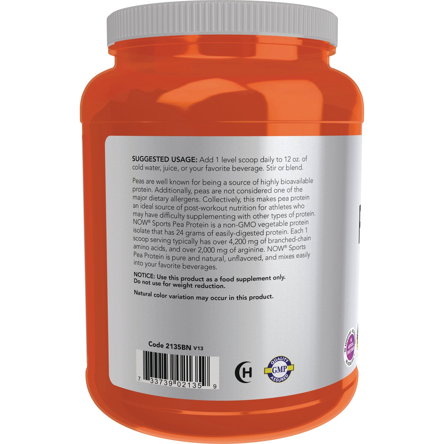 NWF264 | Back of orange supplement canister showing suggested usage text, ingredient panel and barcode