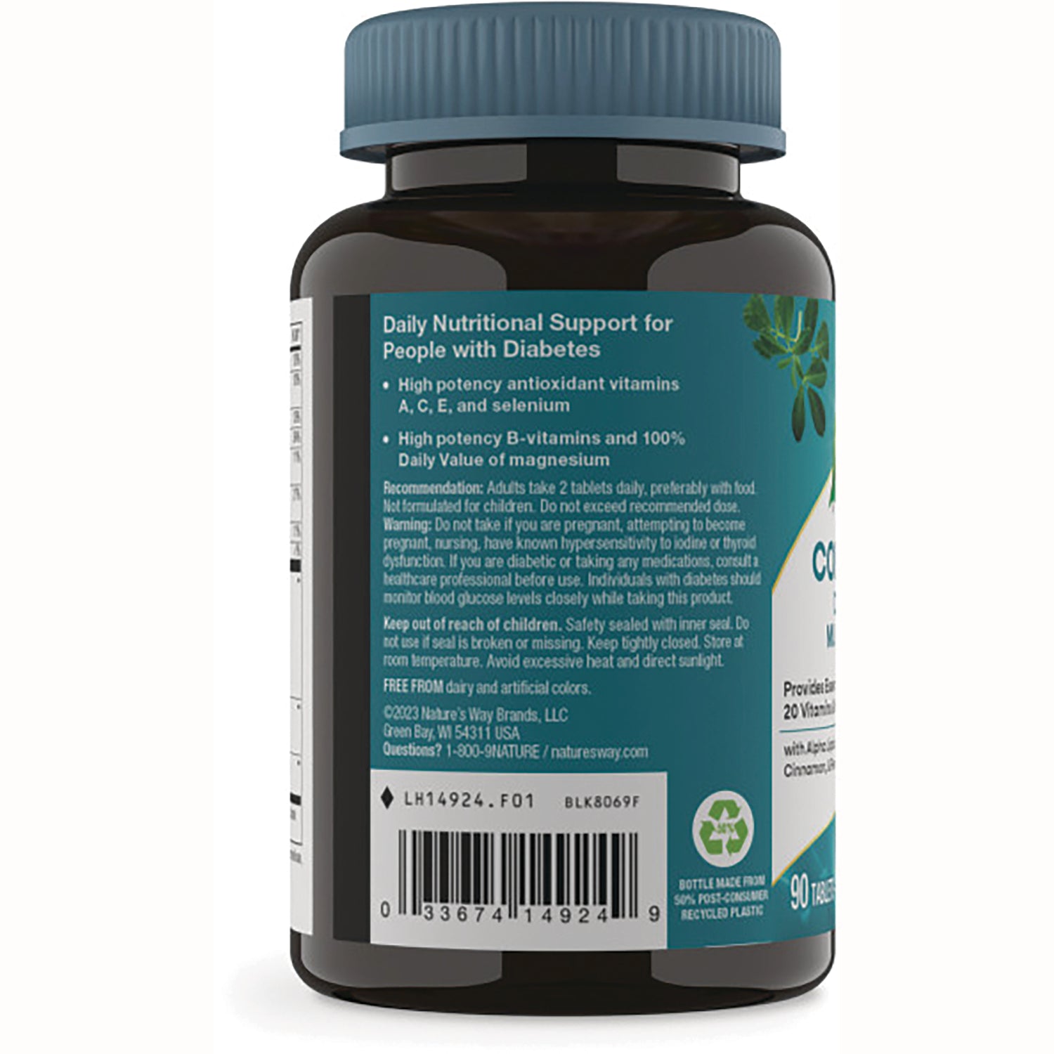 NW840 | back label of supplement bottle with Daily Nutritional Support for People with Diabetes text, usage directions and barcode